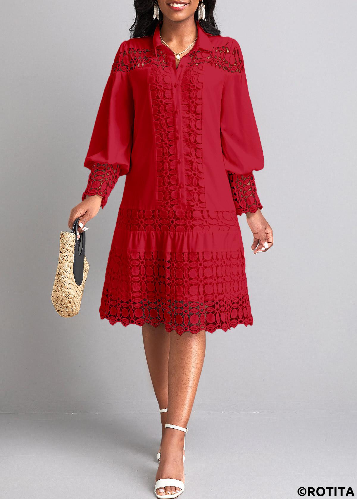 Wine Red dresses,Plain Color dresses,Party dresses,Elegant dresses,ROTITA Lace Wine Red Shirt Collar Long Sleeve Shift Dress