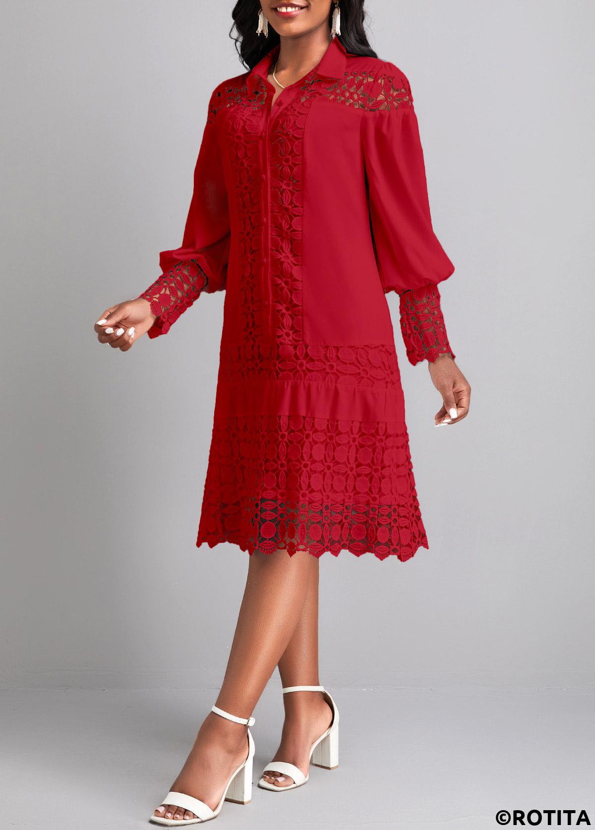 Wine Red dresses,Plain Color dresses,Party dresses,Elegant dresses,ROTITA Lace Wine Red Shirt Collar Long Sleeve Shift Dress