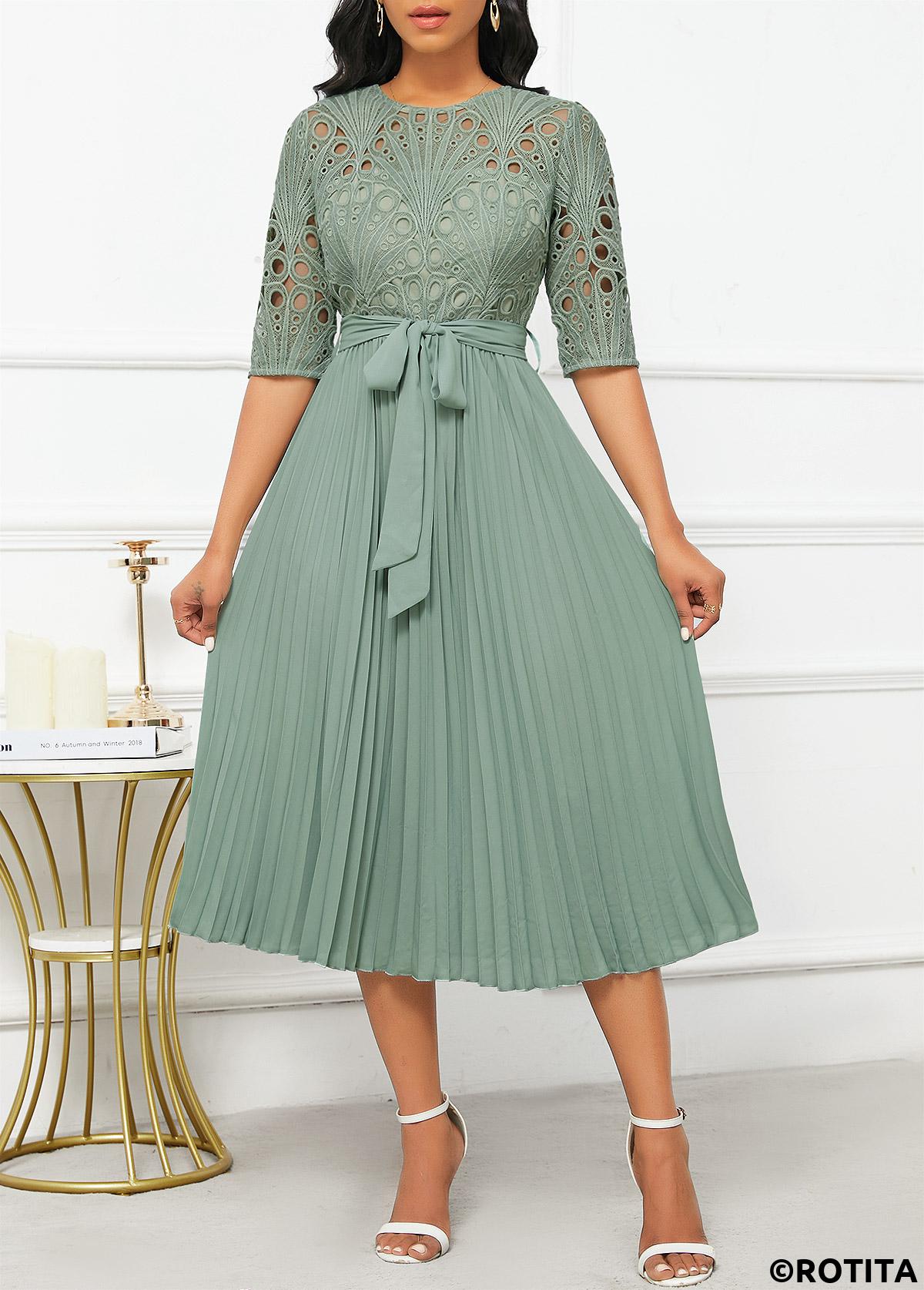 Sage Green dresses,Plain Color dresses,Party dresses,Elegant dresses,ROTITA Patchwork Sage Green Belted Round Neck Half Sleeve Dress