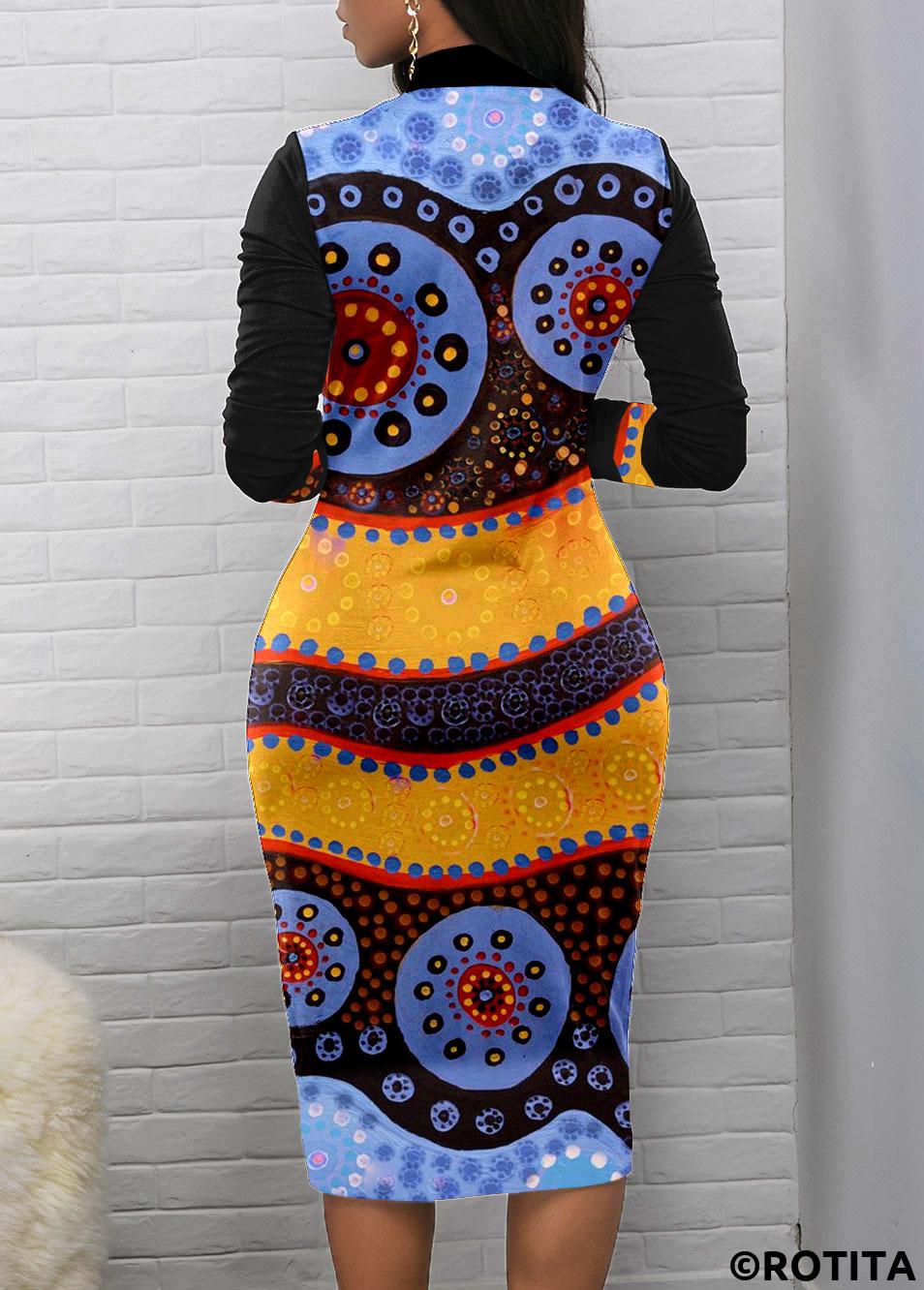 Black dresses,Tribal dresses,Dot dresses,Striped dresses,Geometric dresses,Party dresses,Elegant dresses,ROTITA Patchwork Tribal Print Black Stand Collar Bodycon Dress