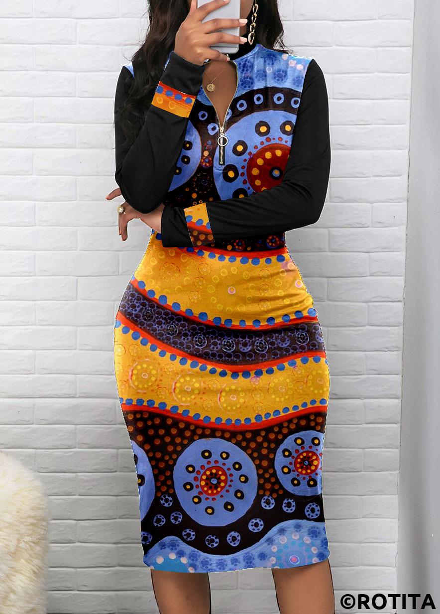 Black dresses,Tribal dresses,Dot dresses,Striped dresses,Geometric dresses,Party dresses,Elegant dresses,ROTITA Patchwork Tribal Print Black Stand Collar Bodycon Dress