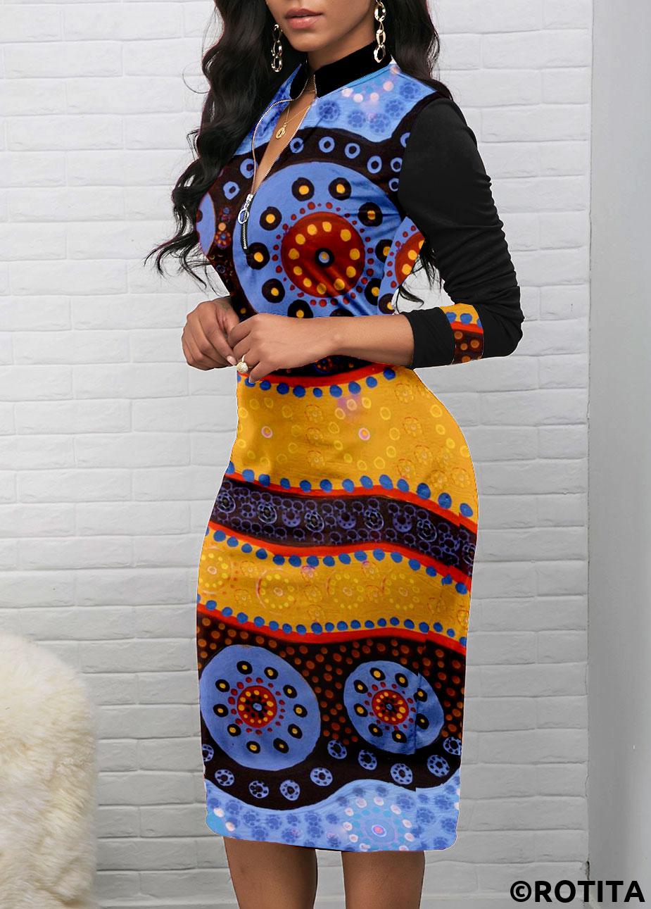 Black dresses,Tribal dresses,Dot dresses,Striped dresses,Geometric dresses,Party dresses,Elegant dresses,ROTITA Patchwork Tribal Print Black Stand Collar Bodycon Dress