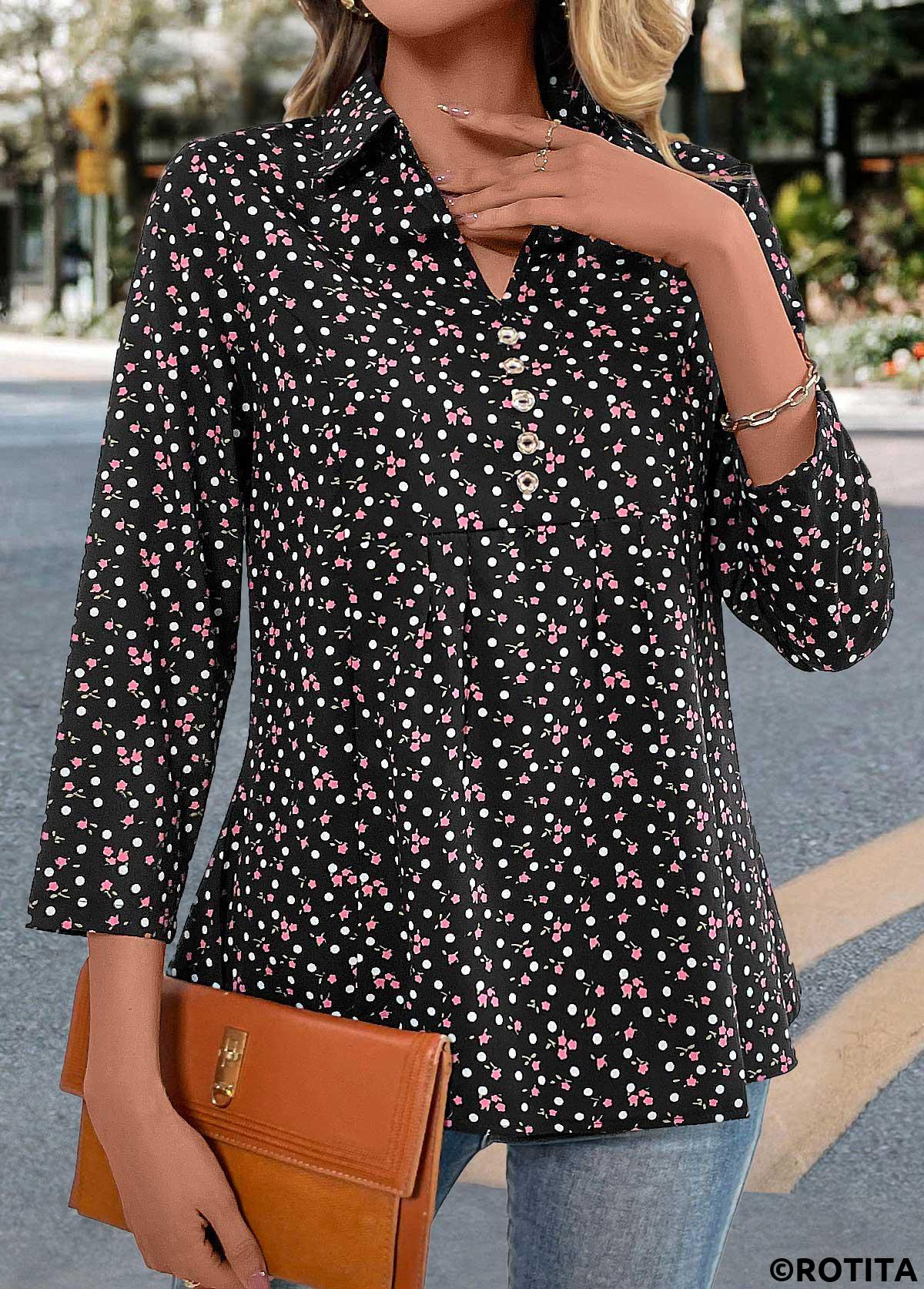chemisier noir à col chemise et imprimé fleuri