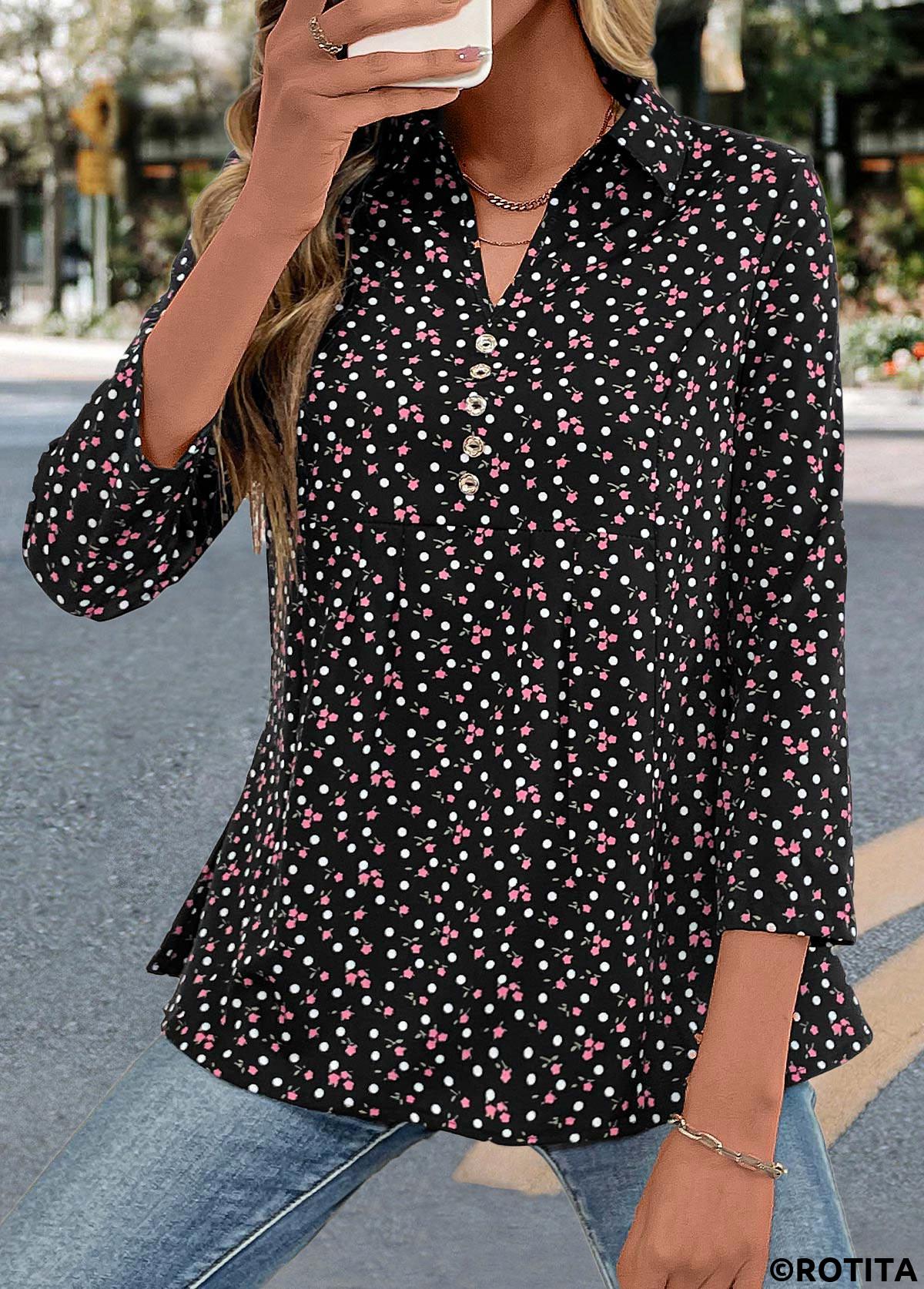 chemisier noir à col chemise et imprimé fleuri