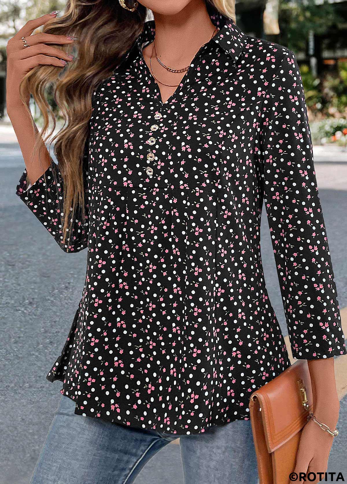 chemisier noir à col chemise et imprimé fleuri