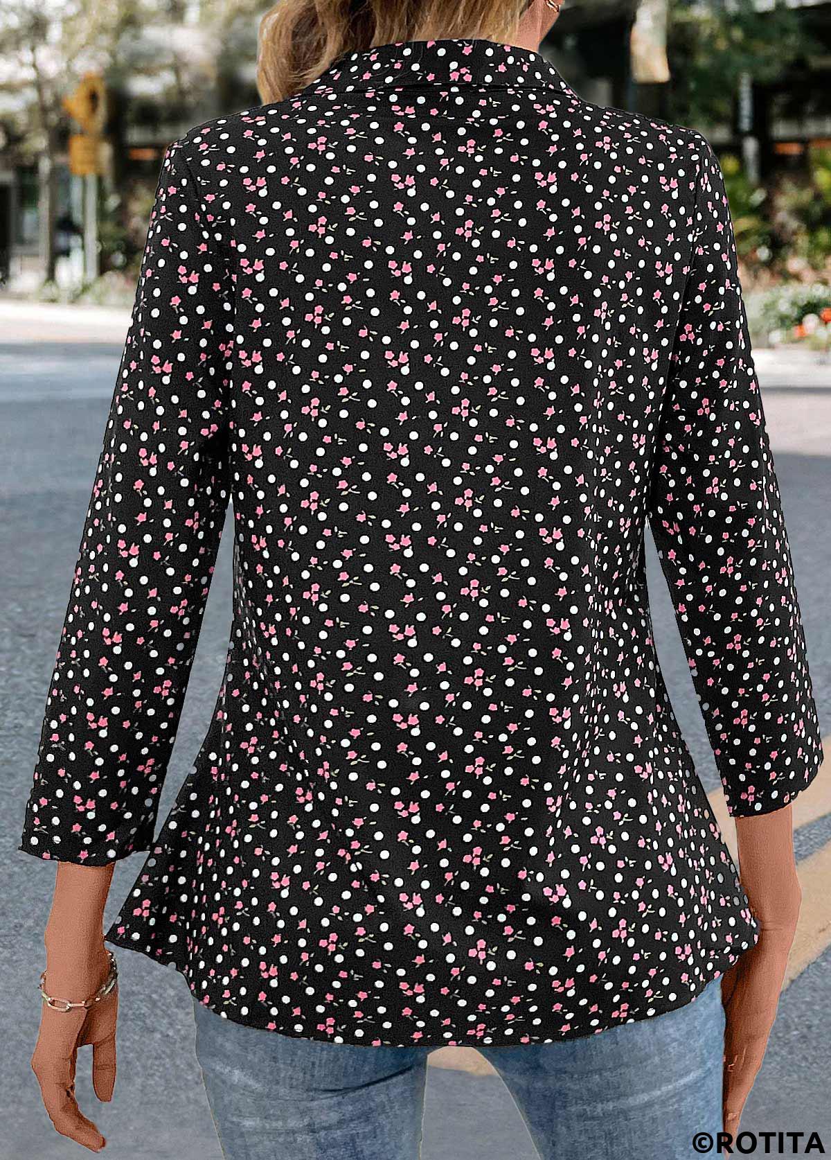 chemisier noir à col chemise et imprimé fleuri