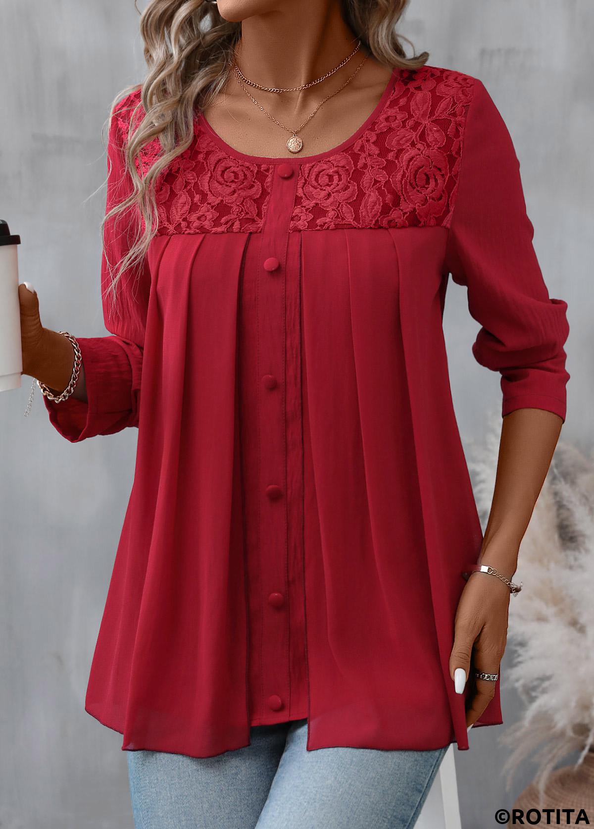 Red tops,Plain Color tops,ROTITA Patchwork Red Round Neck Long Sleeve Blouse