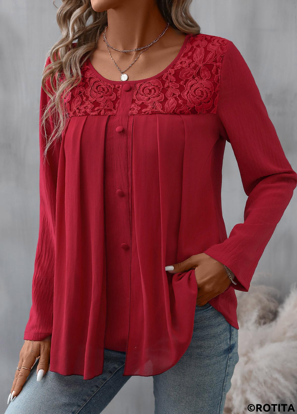 Red tops,Plain Color tops,ROTITA Patchwork Red Round Neck Long Sleeve Blouse