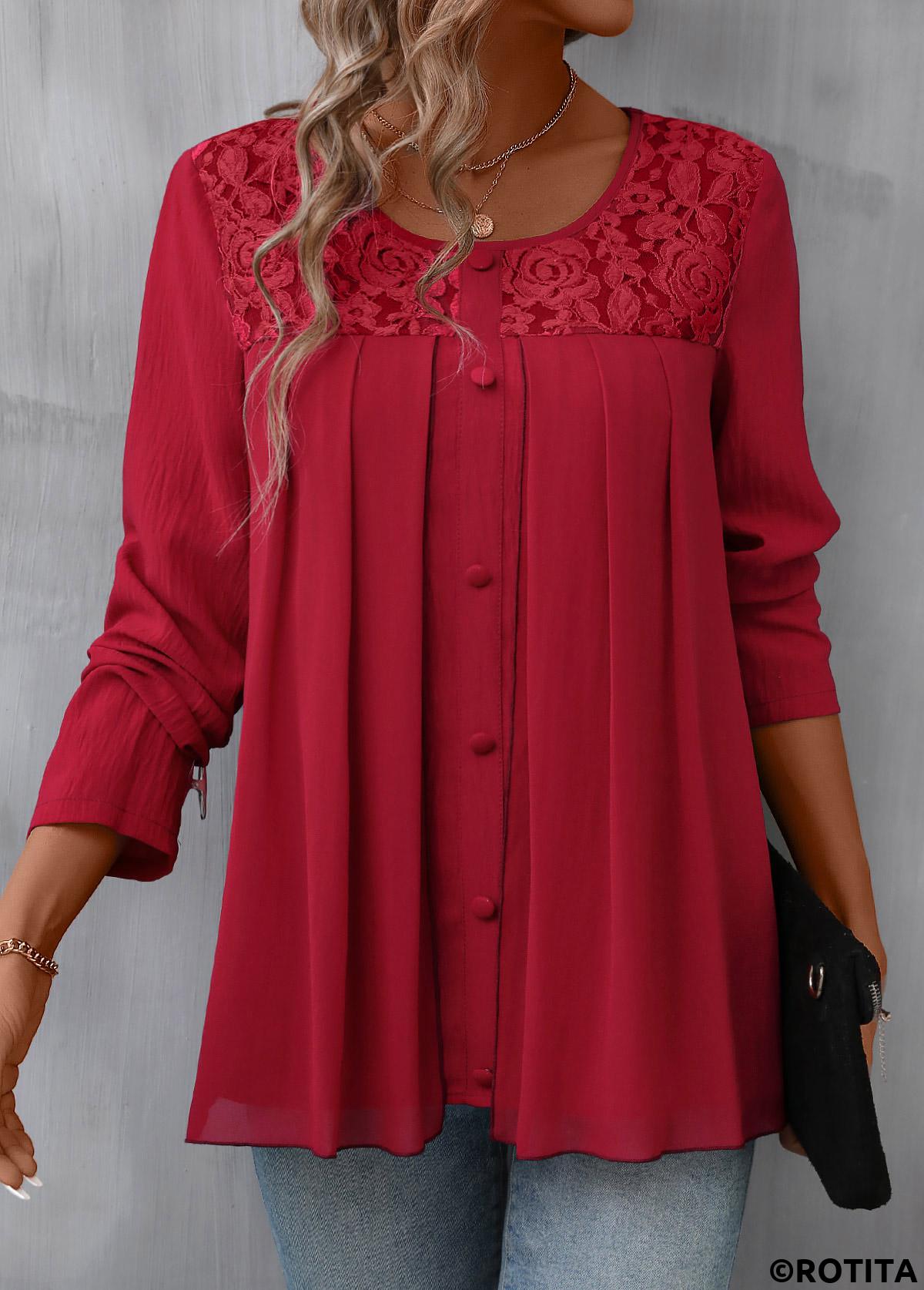 Red tops,Plain Color tops,ROTITA Patchwork Red Round Neck Long Sleeve Blouse