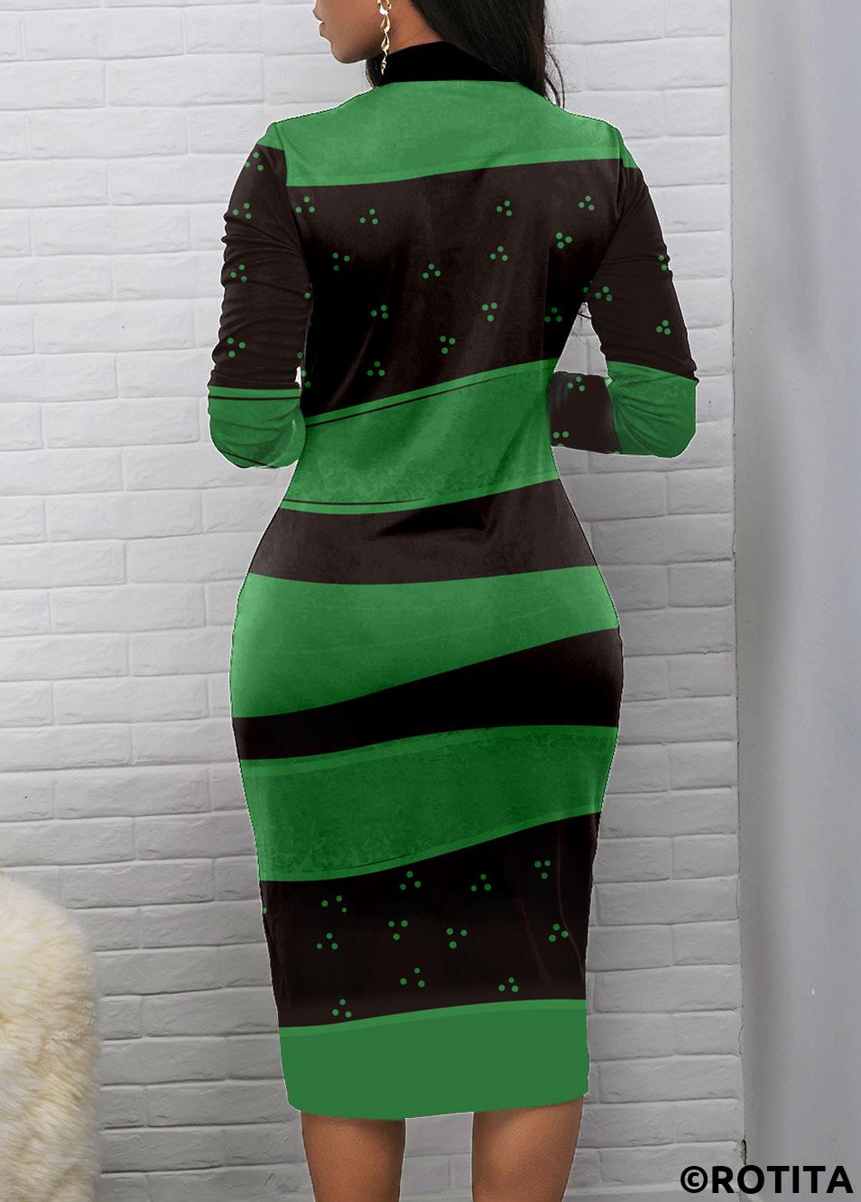 Green dresses,Black dresses,Geometric dresses,Striped dresses,Dot dresses,Party dresses,Elegant dresses,ROTITA Zipper Geometric Print Green Stand Collar Bodycon Dress