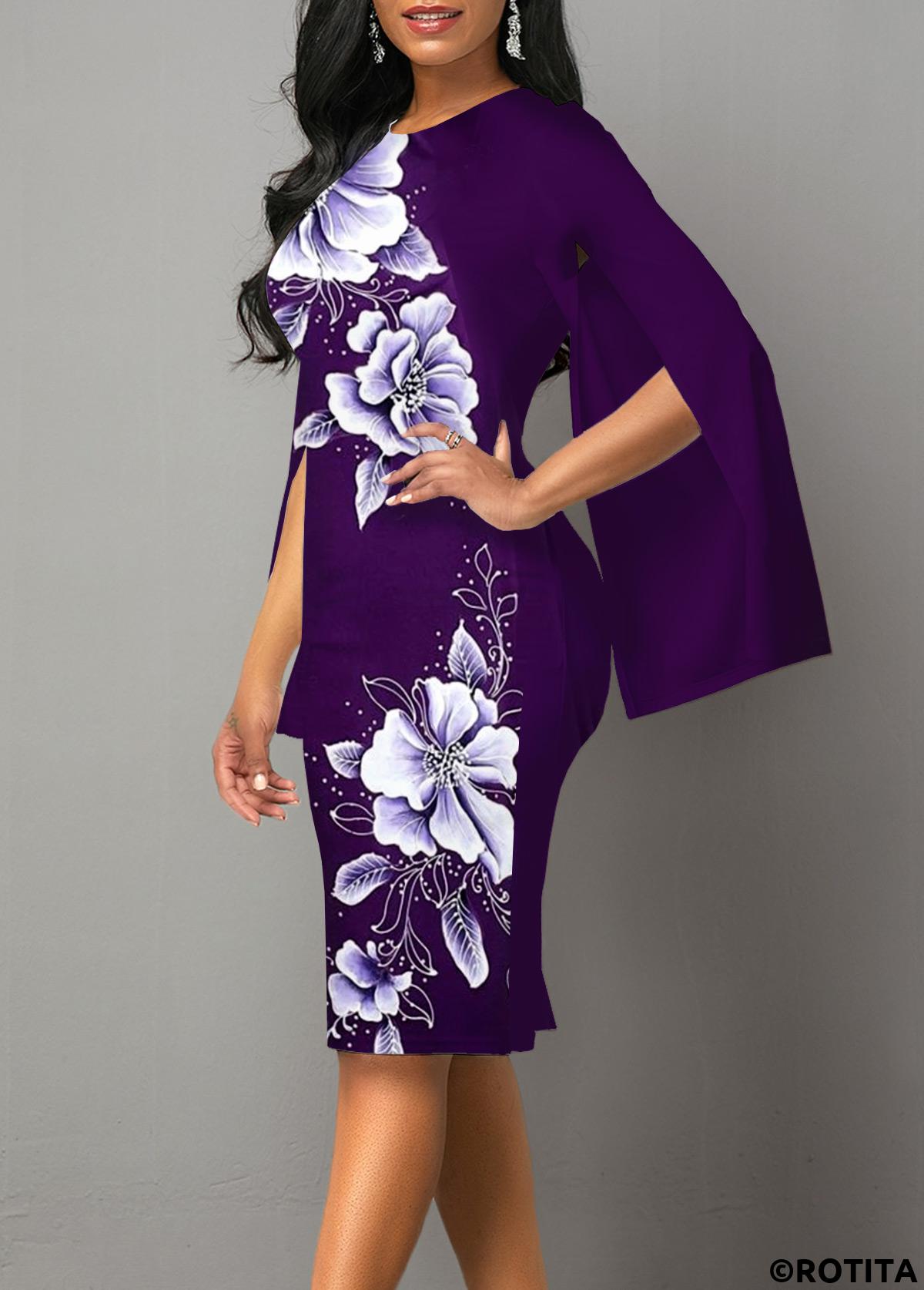 ROTITA Split Floral Print Purple Round Neck Bodycon Dress