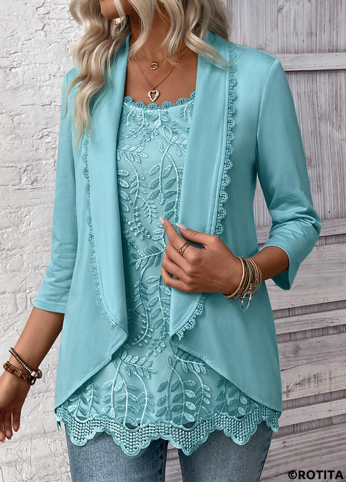 Mint Green tops,Plain Color tops,ROTITA Lace Mint Green Square Neck Fake Two Piece Twinset