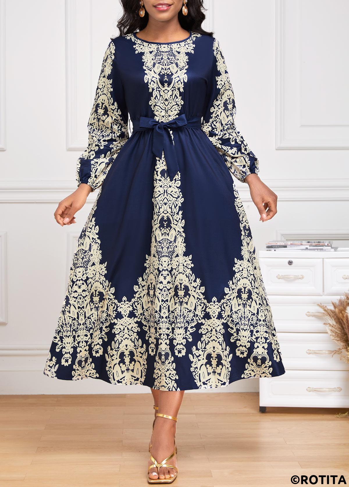Navy dresses,Tribal dresses,Party dresses,Elegant dresses,ROTITA Tie Tribal Print Navy Belted Round Neck Dress