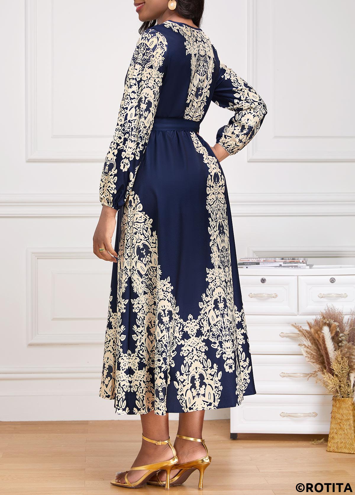 Navy dresses,Tribal dresses,Party dresses,Elegant dresses,ROTITA Tie Tribal Print Navy Belted Round Neck Dress