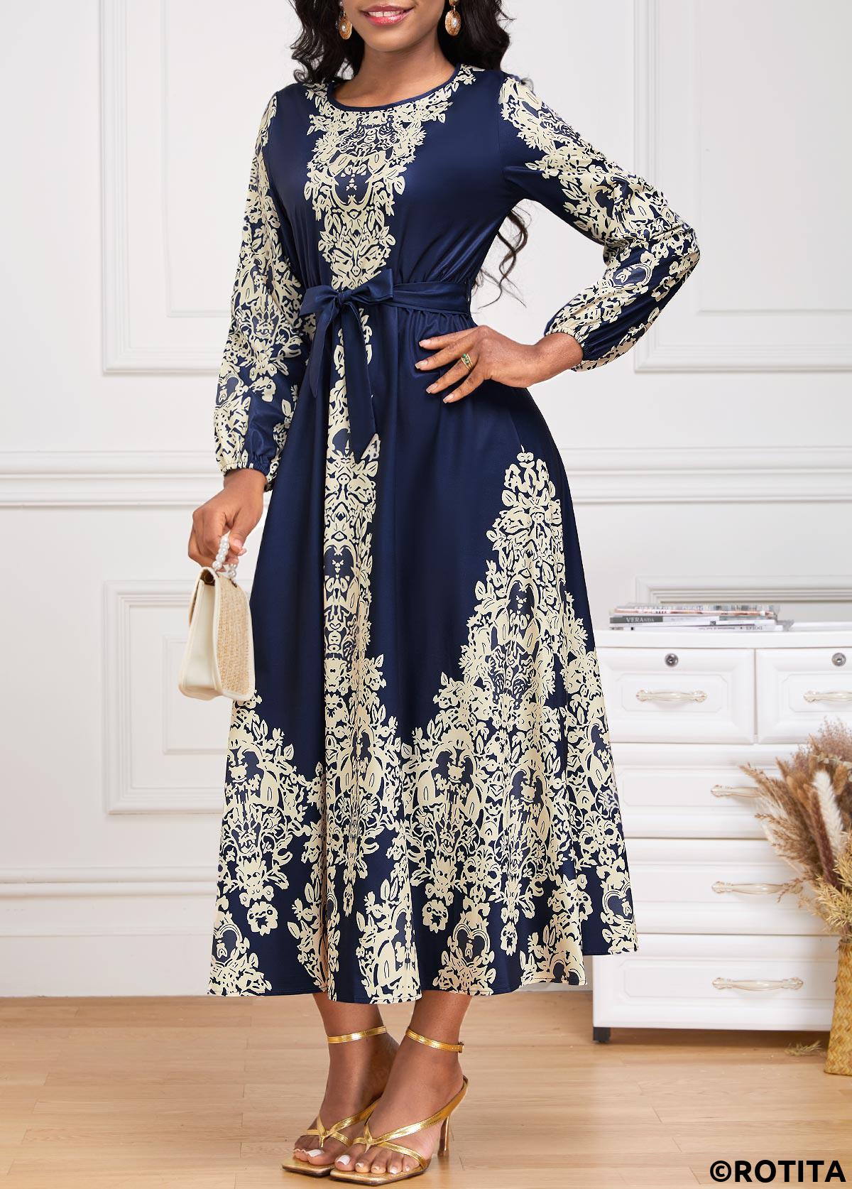 Navy dresses,Tribal dresses,Party dresses,Elegant dresses,ROTITA Tie Tribal Print Navy Belted Round Neck Dress