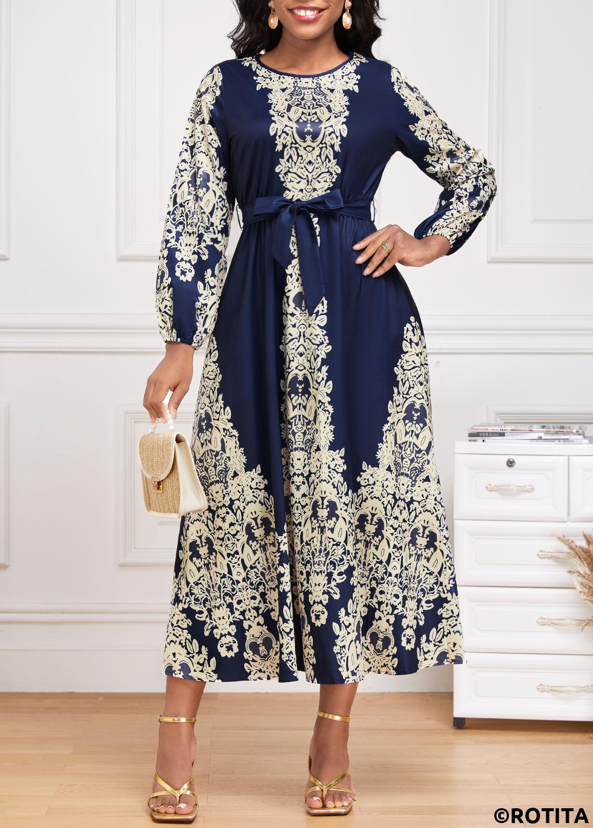 Navy dresses,Tribal dresses,Party dresses,Elegant dresses,ROTITA Tie Tribal Print Navy Belted Round Neck Dress