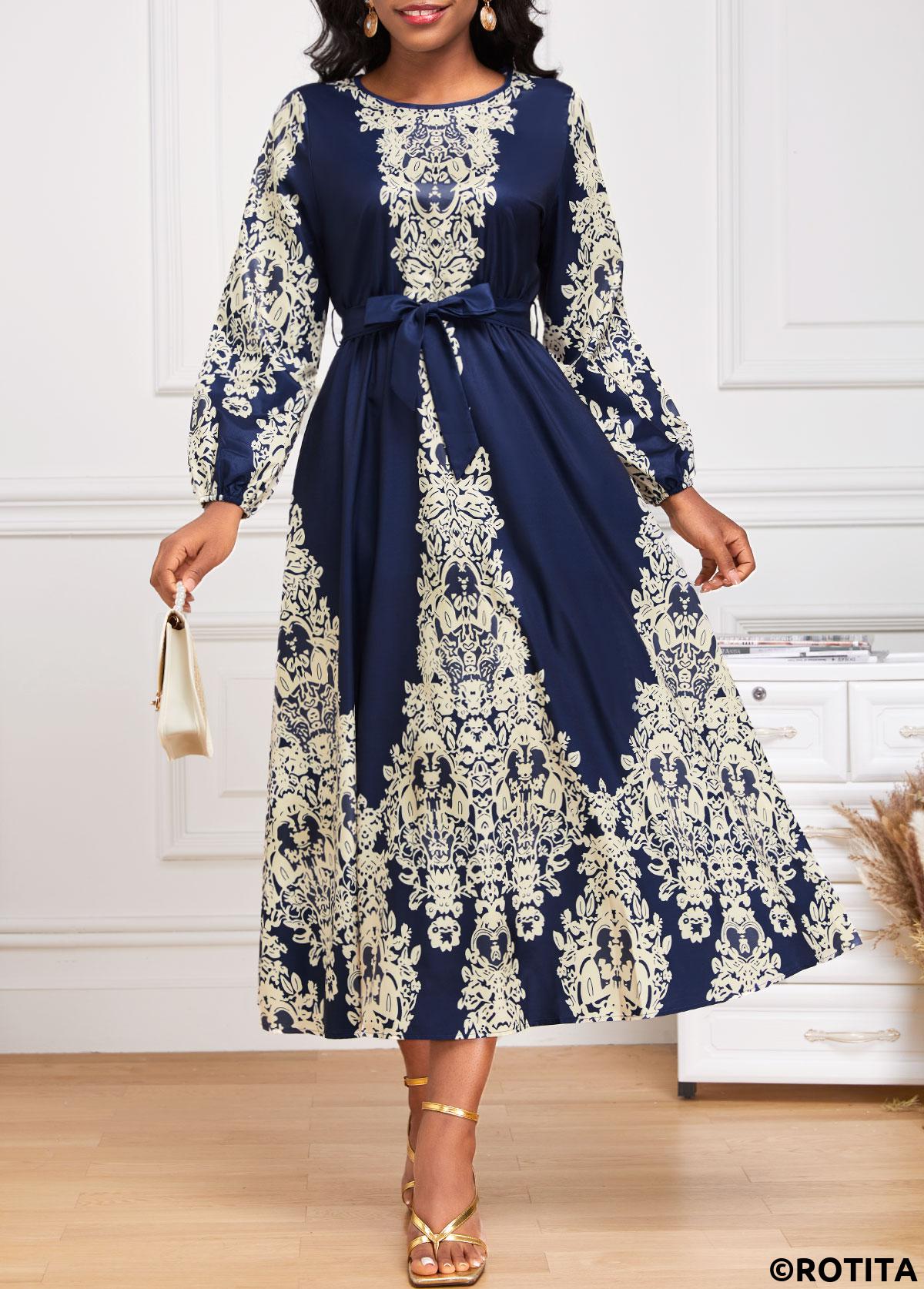 Navy dresses,Tribal dresses,Party dresses,Elegant dresses,ROTITA Tie Tribal Print Navy Belted Round Neck Dress