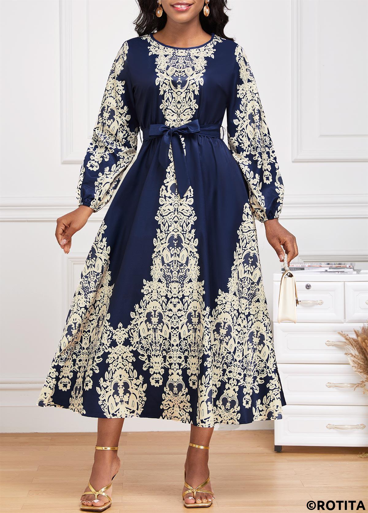 Navy dresses,Tribal dresses,Party dresses,Elegant dresses,ROTITA Tie Tribal Print Navy Belted Round Neck Dress