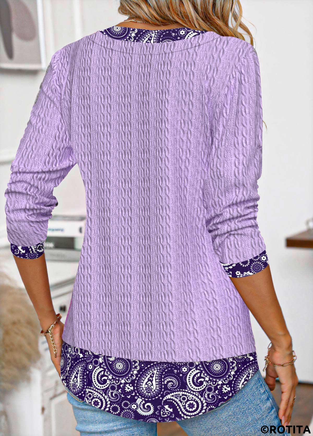 t-shirt à col fendu violet clair à imprimé tribal patchwork rotita