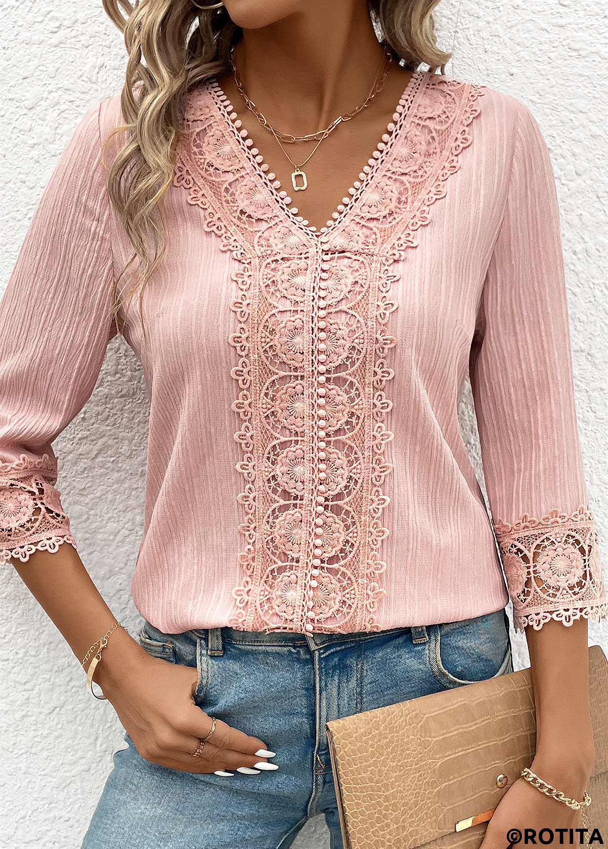Light Pink tops,Plain Color tops,ROTITA Lace Light Pink V Neck 3/4 Sleeve Blouse