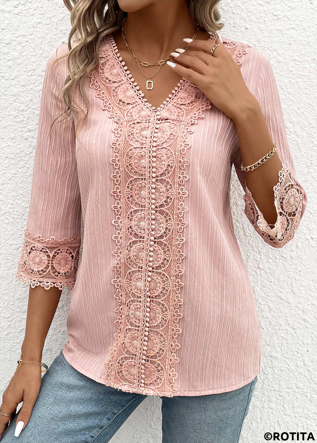 Light Pink tops,Plain Color tops,ROTITA Lace Light Pink V Neck 3/4 Sleeve Blouse