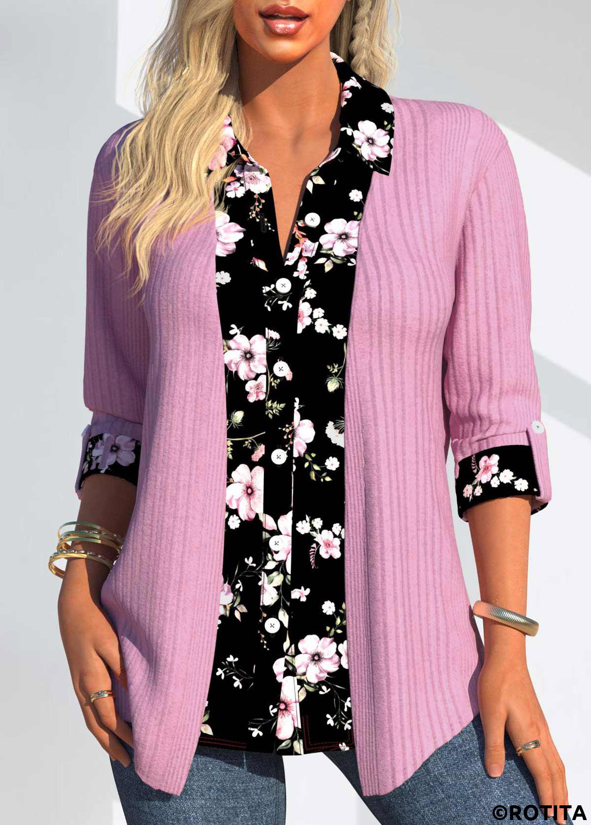 Pink tops,Plants tops,Floral tops,ROTITA Random Floral Print Pink Fake Two Piece Twinset