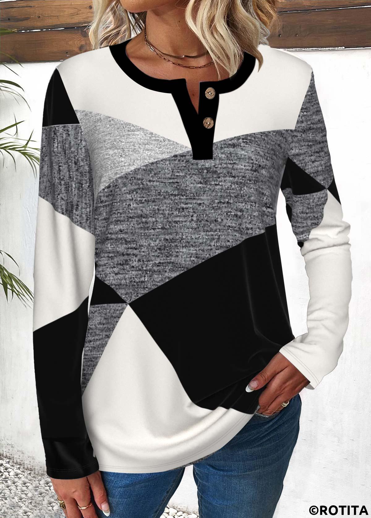 Multi Color tops,White tops,Geometric tops,ROTITA Button Geometric Print Multi Color Round Neck T Shirt