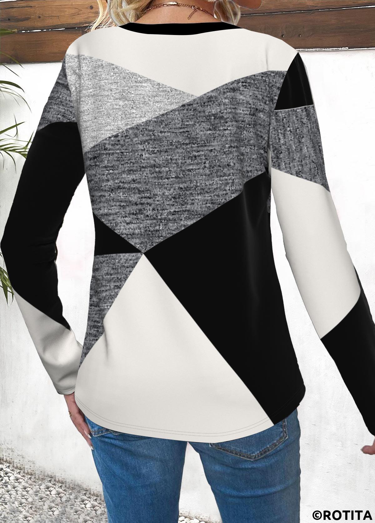 Multi Color tops,White tops,Geometric tops,ROTITA Button Geometric Print Multi Color Round Neck T Shirt