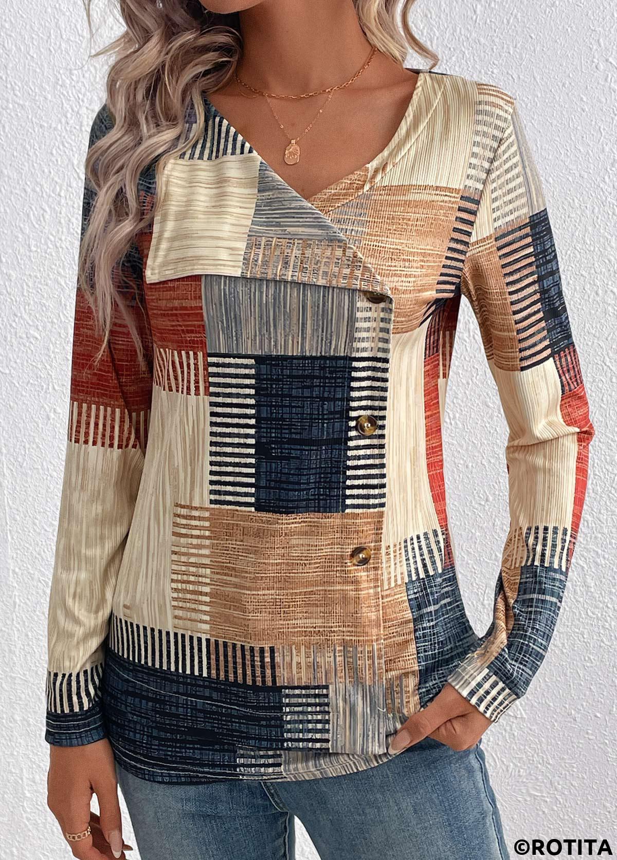 Rotita Asymmetry Plaid T-Shirt mit asymmetrischem Ausschnitt in hellem Kamel