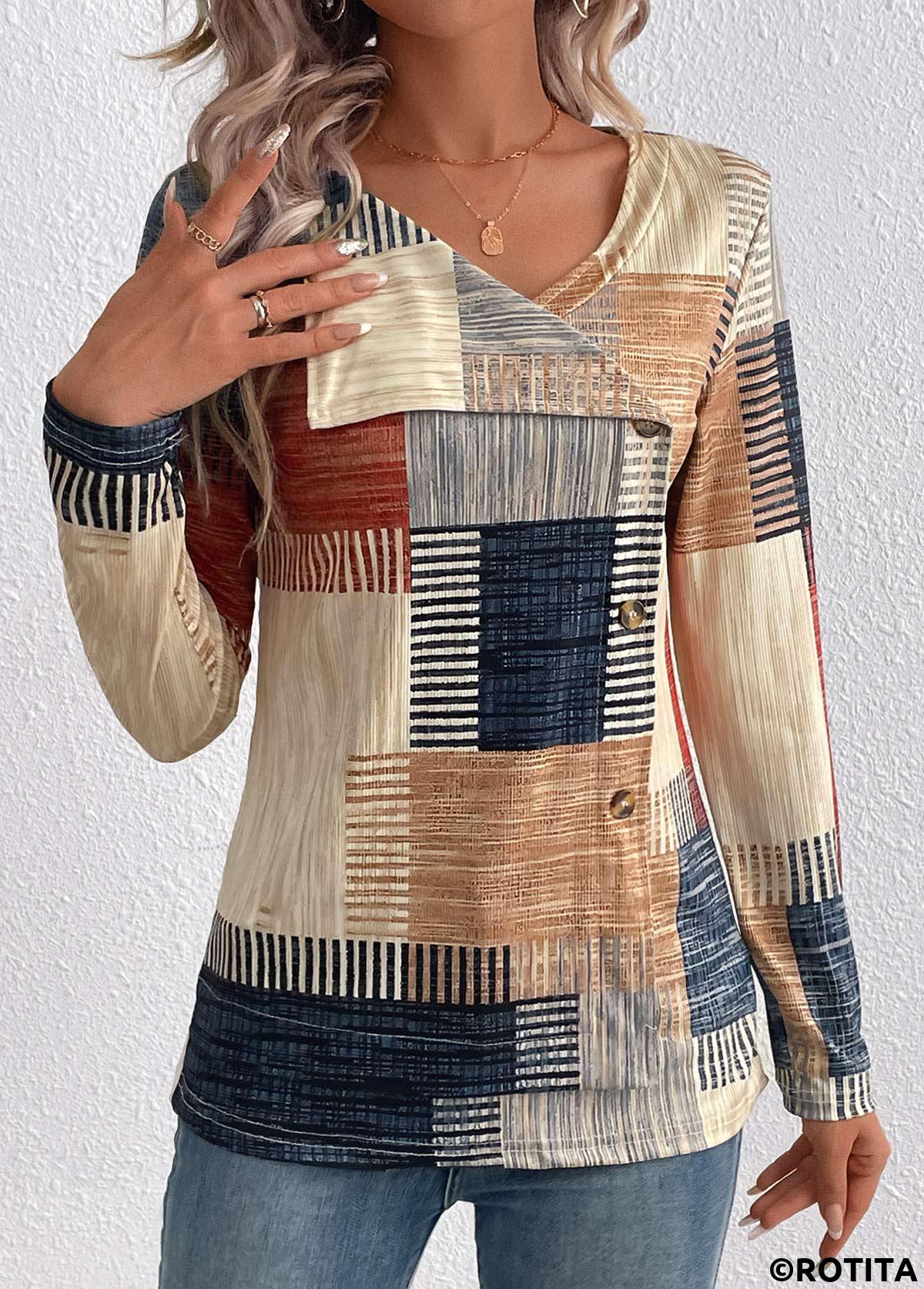 Rotita Asymmetry Plaid T-Shirt mit asymmetrischem Ausschnitt in hellem Kamel