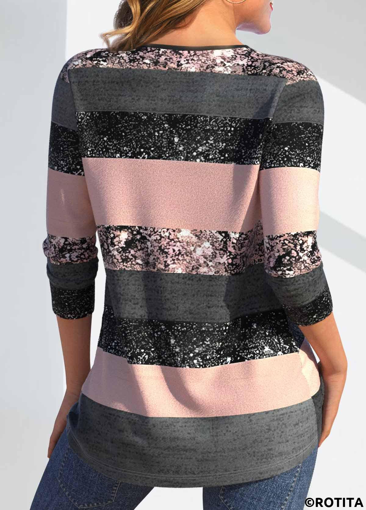 Multi Color tops,Striped tops,Geometric tops,ROTITA Criss Cross Multi Stripe Print V Neck T Shirt