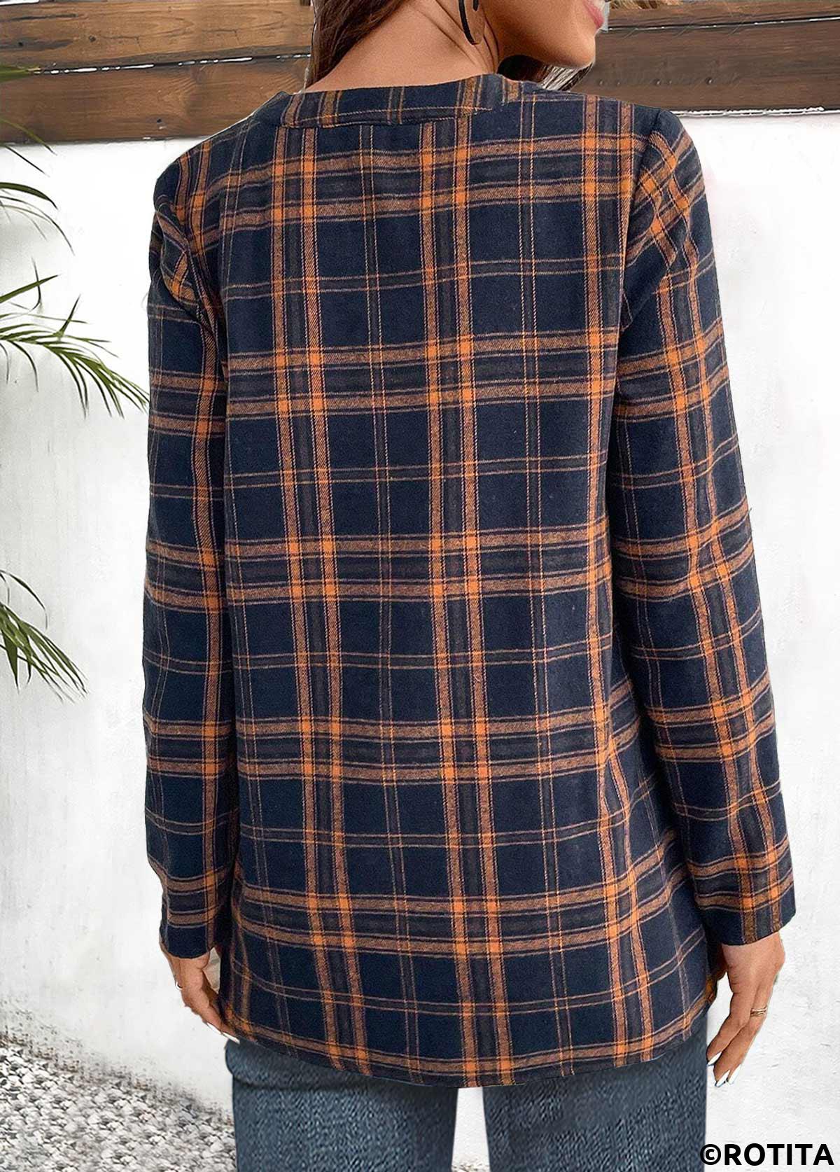 Navy tops,Plaid tops,Geometric tops,Striped tops,ROTITA Tuck Stitch Plaid Navy Split Neck Long Sleeve Blouse