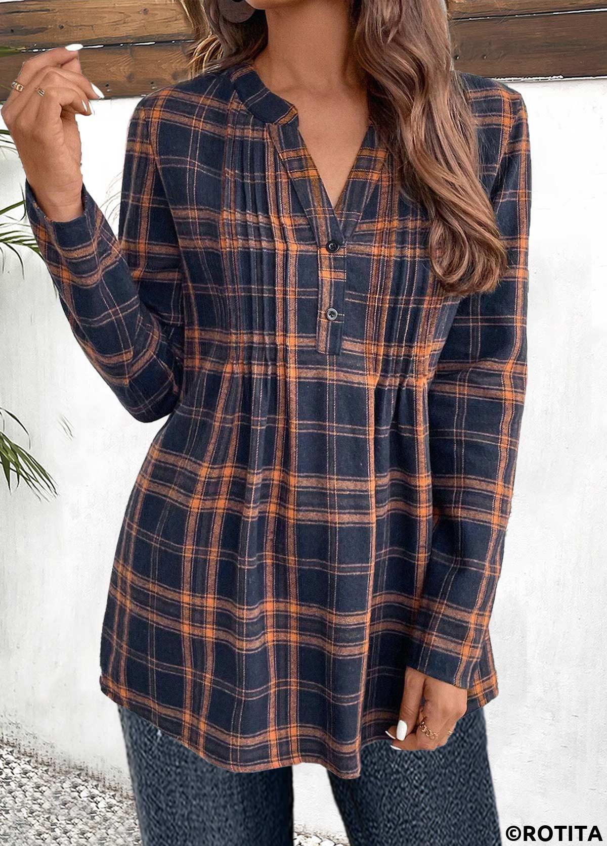 Navy tops,Plaid tops,Geometric tops,Striped tops,ROTITA Tuck Stitch Plaid Navy Split Neck Long Sleeve Blouse