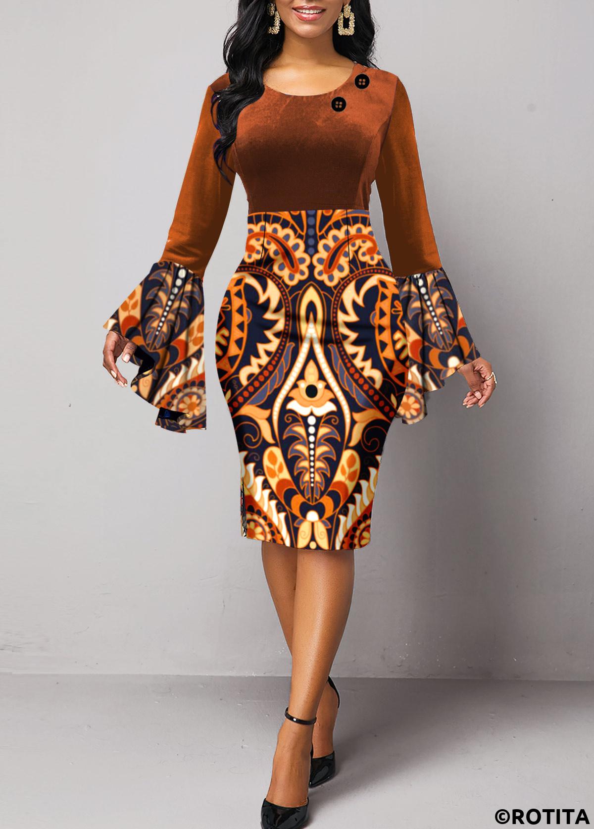 Dark Coffee dresses,Tribal dresses,Dot dresses,Geometric dresses,Party dresses,Elegant dresses,ROTITA Velvet Tribal Print Dark Coffee Round Neck Bodycon Dress