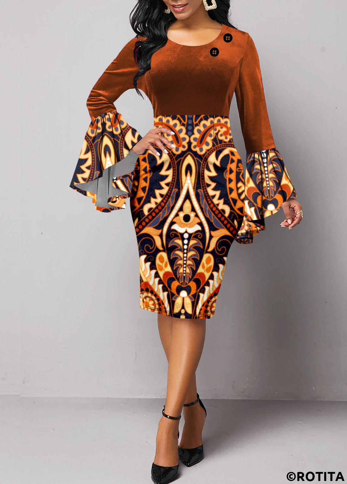 Dark Coffee dresses,Tribal dresses,Dot dresses,Geometric dresses,Party dresses,Elegant dresses,ROTITA Velvet Tribal Print Dark Coffee Round Neck Bodycon Dress
