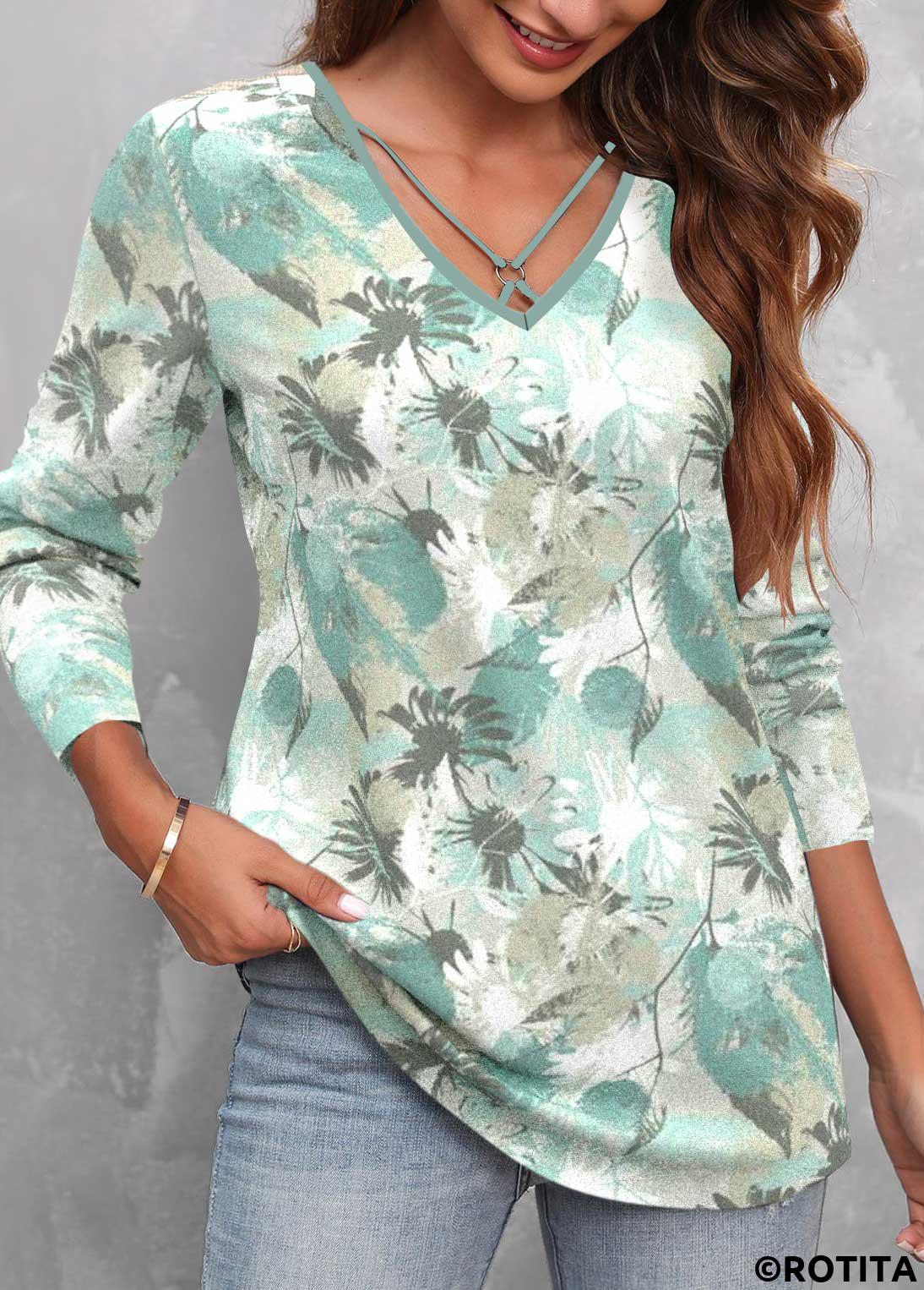 Green tops,Floral tops,ROTITA Circular Ring Floral Print Green V Neck T Shirt