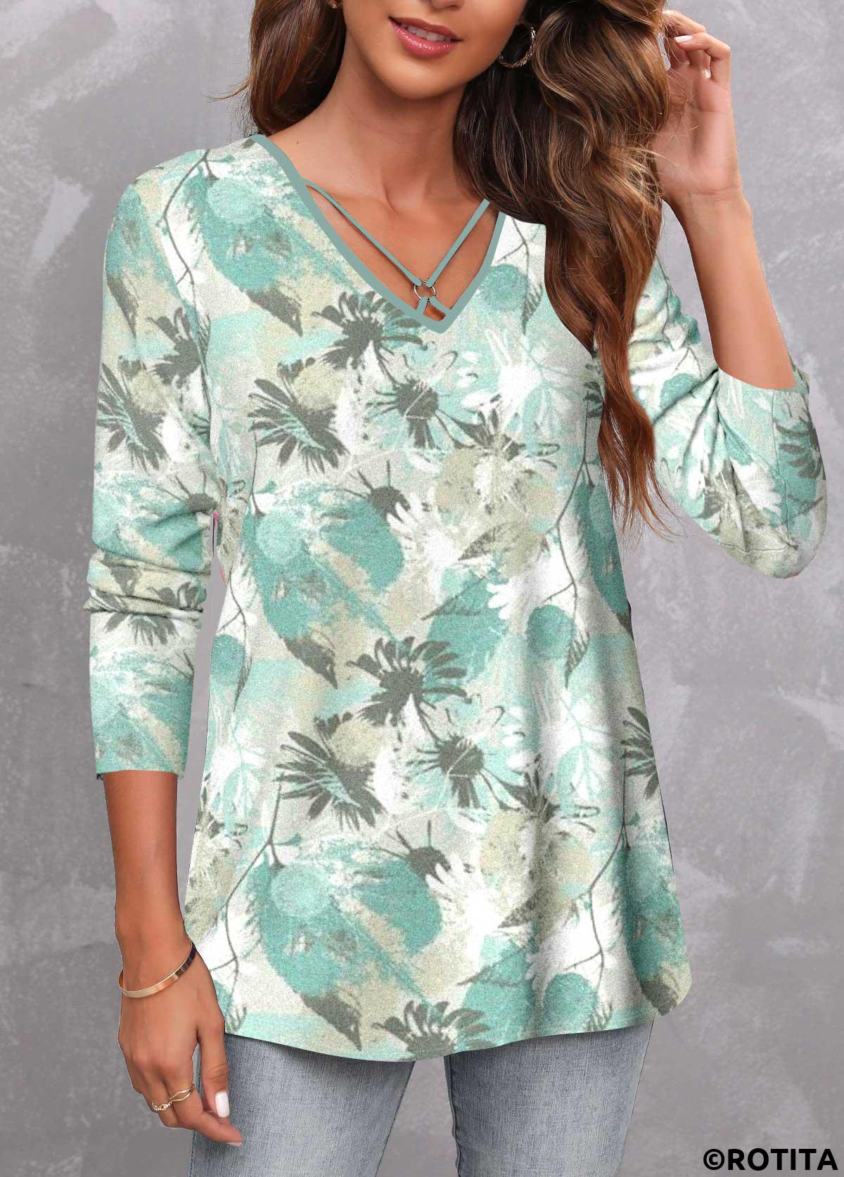Green tops,Floral tops,ROTITA Circular Ring Floral Print Green V Neck T Shirt