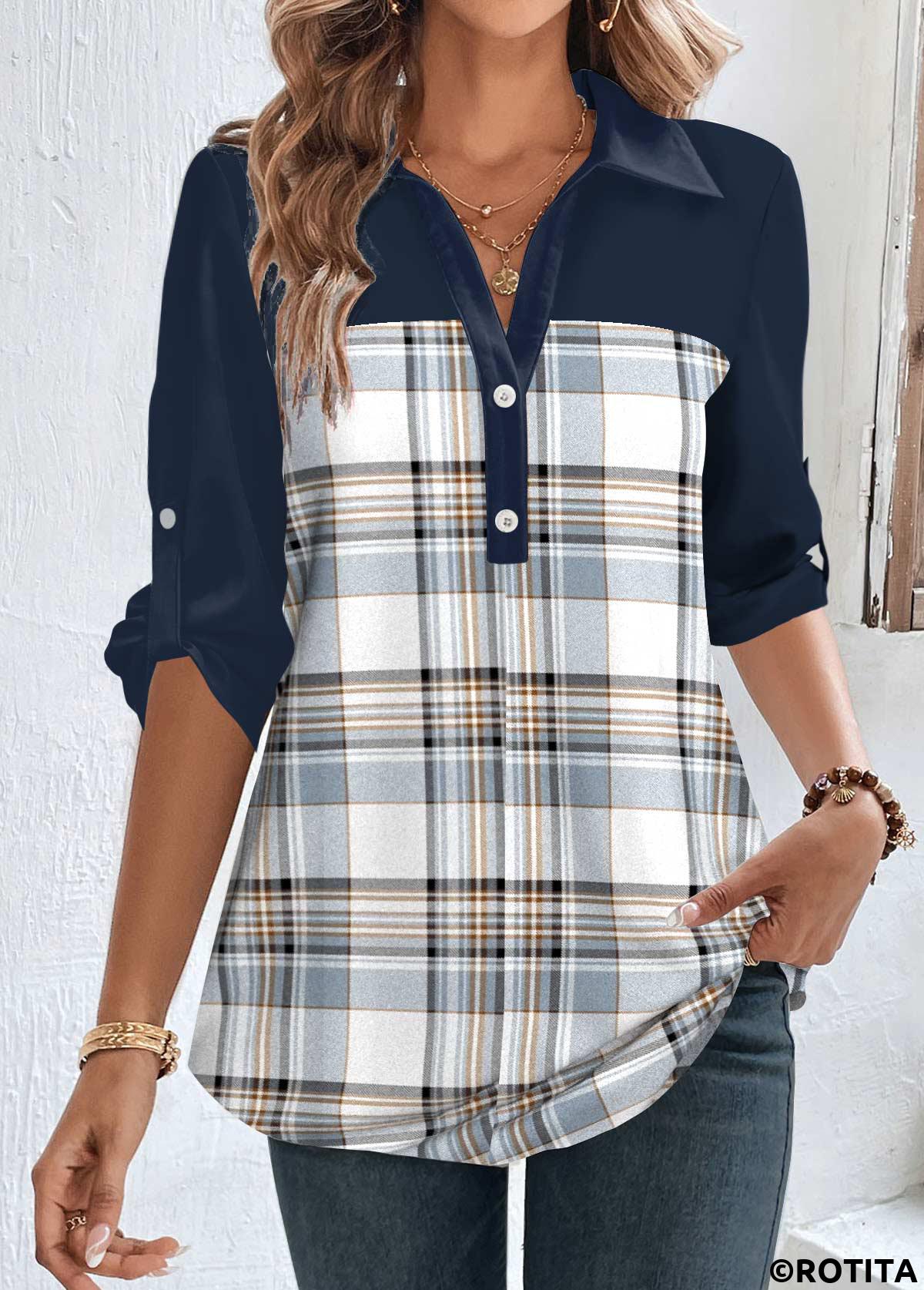 Blue tops,Plaid tops,Striped tops,Geometric tops,ROTITA Patchwork Plaid Blue Shirt Collar Half Sleeve Blouse