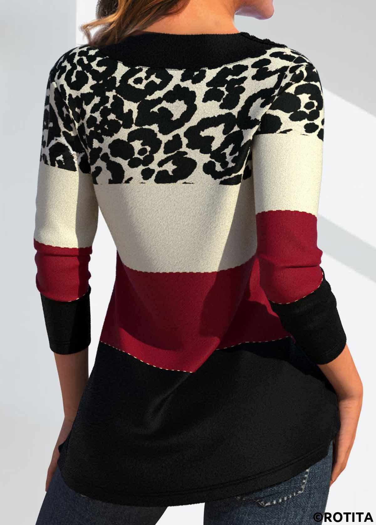 Wine Red tops,Black tops,Leopard tops,Geometric tops,Striped tops,ROTITA Button Leopard Wine Red Cross Collar T Shirt