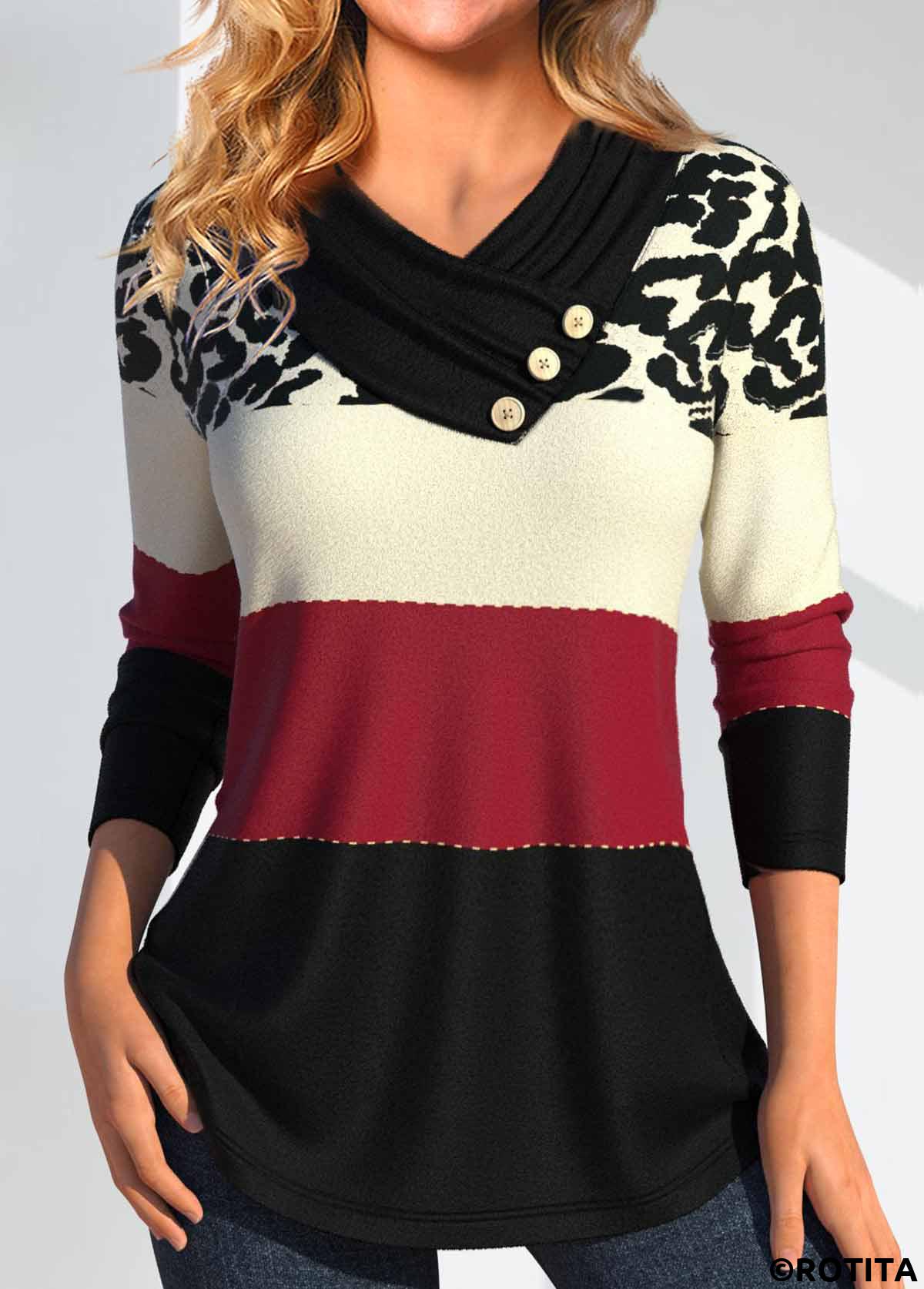 Wine Red tops,Black tops,Leopard tops,Geometric tops,Striped tops,ROTITA Button Leopard Wine Red Cross Collar T Shirt