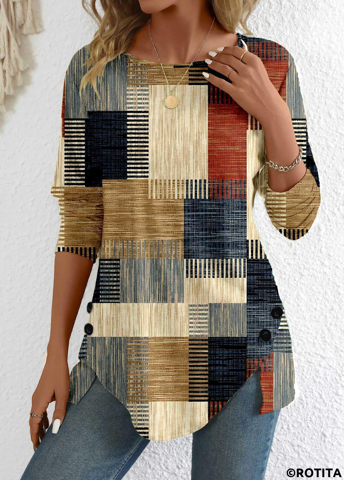 Brick Red tops,Multi Color tops,Geometric tops,Striped tops,ROTITA Button Geometric Print Brick Red Round Neck T Shirt