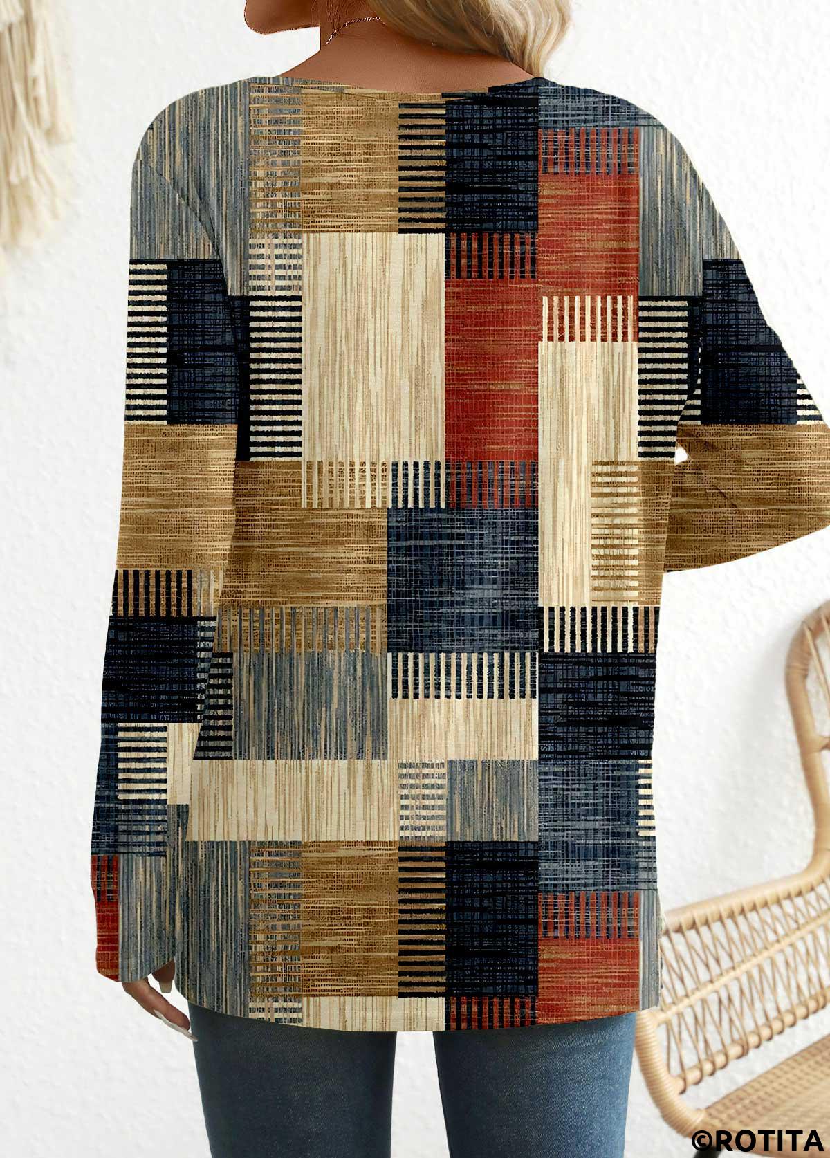 Brick Red tops,Multi Color tops,Geometric tops,Striped tops,ROTITA Button Geometric Print Brick Red Round Neck T Shirt