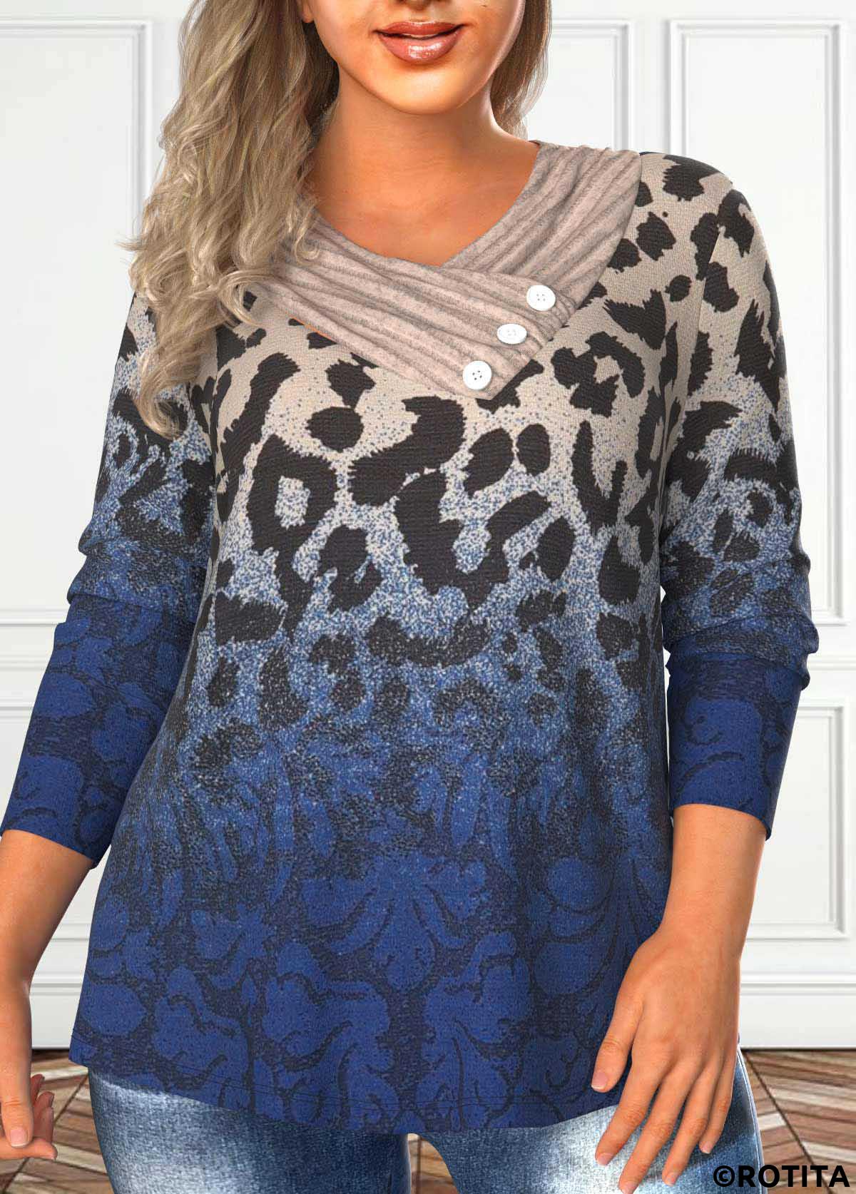Rotita Plus Size Asymmetrie dunkelblaues Leoparden-T-Shirt