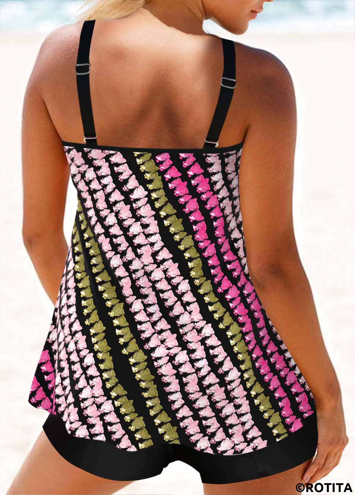 Multi Color swimwear,Striped swimwear,Geometric swimwear,ROTITA Circular Ring Multi Color Mid Waisted Tankini Set
