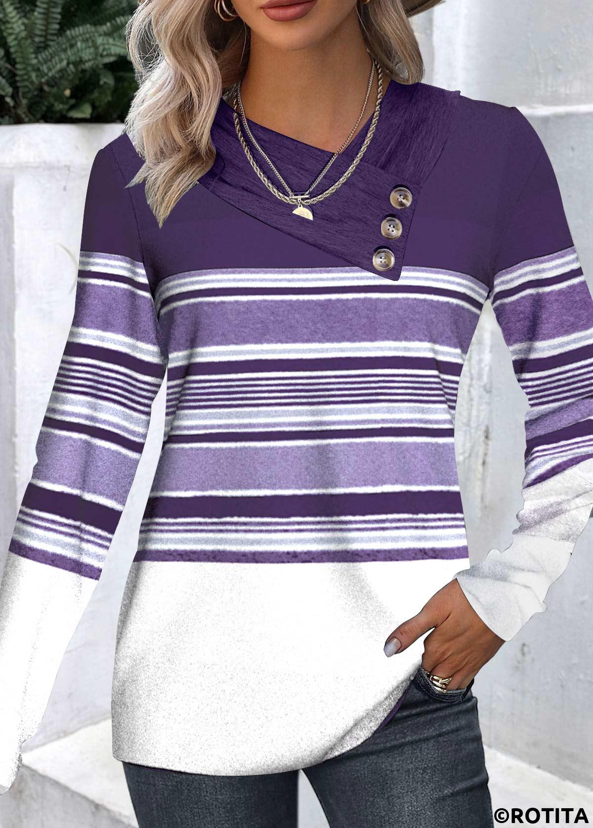 Purple tops,Striped tops,Geometric tops,ROTITA Button Striped Asymmetrical Neck Long Sleeve T Shirt
