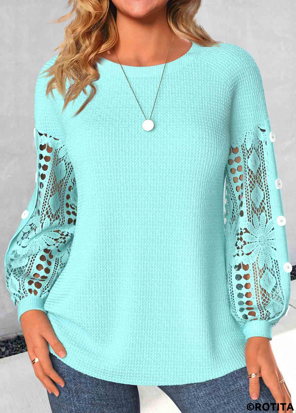 Mint Green tops,Plain Color tops,ROTITA Lace Mint Green Round Neck Long Sleeve Sweatshirt