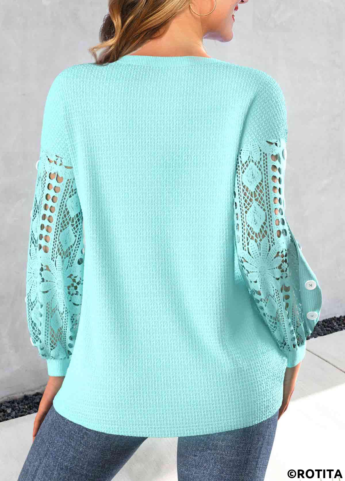 Mint Green tops,Plain Color tops,ROTITA Lace Mint Green Round Neck Long Sleeve Sweatshirt