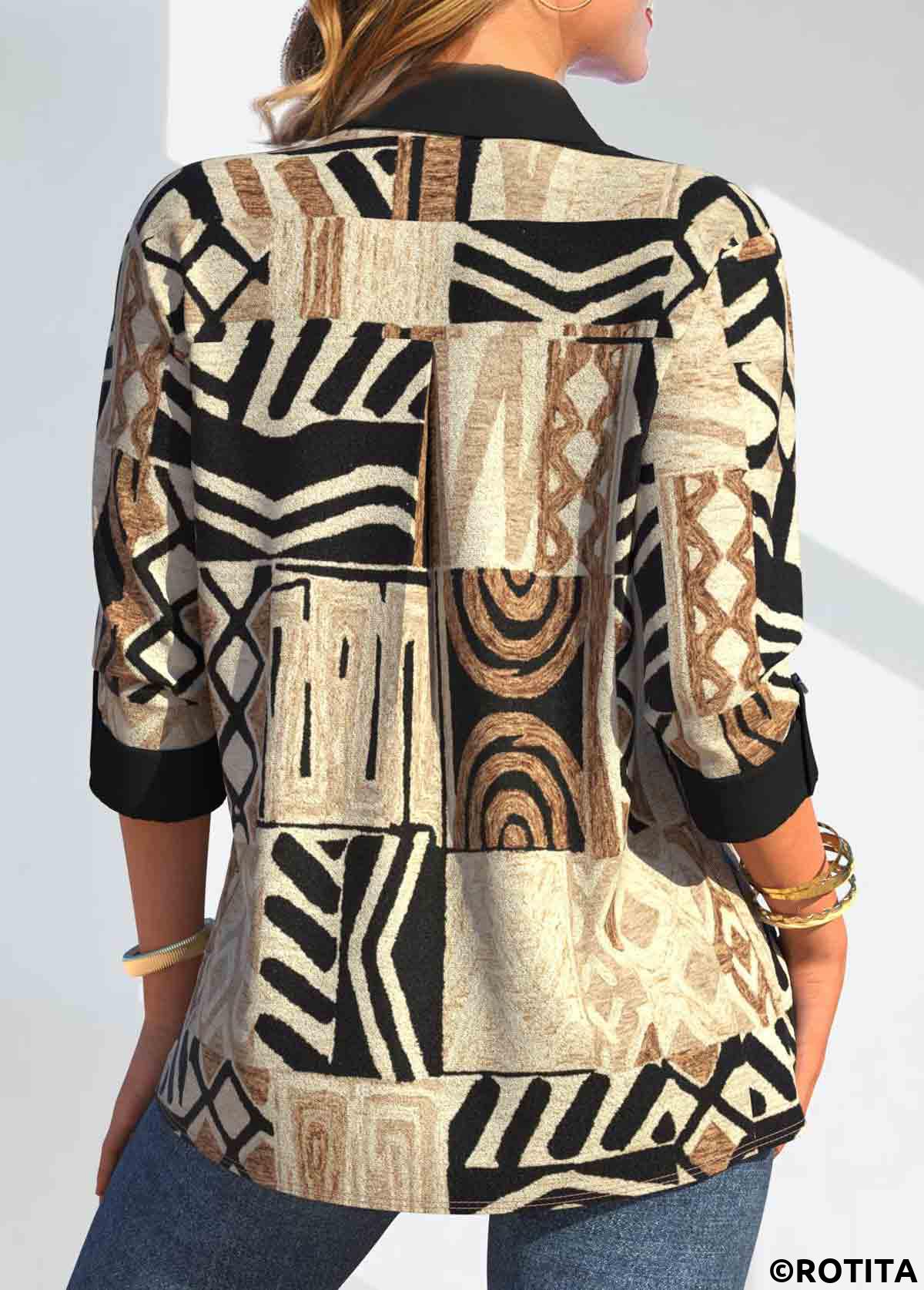 bouton rotita imprimé tribal africain chemisier à col chemise camel clair