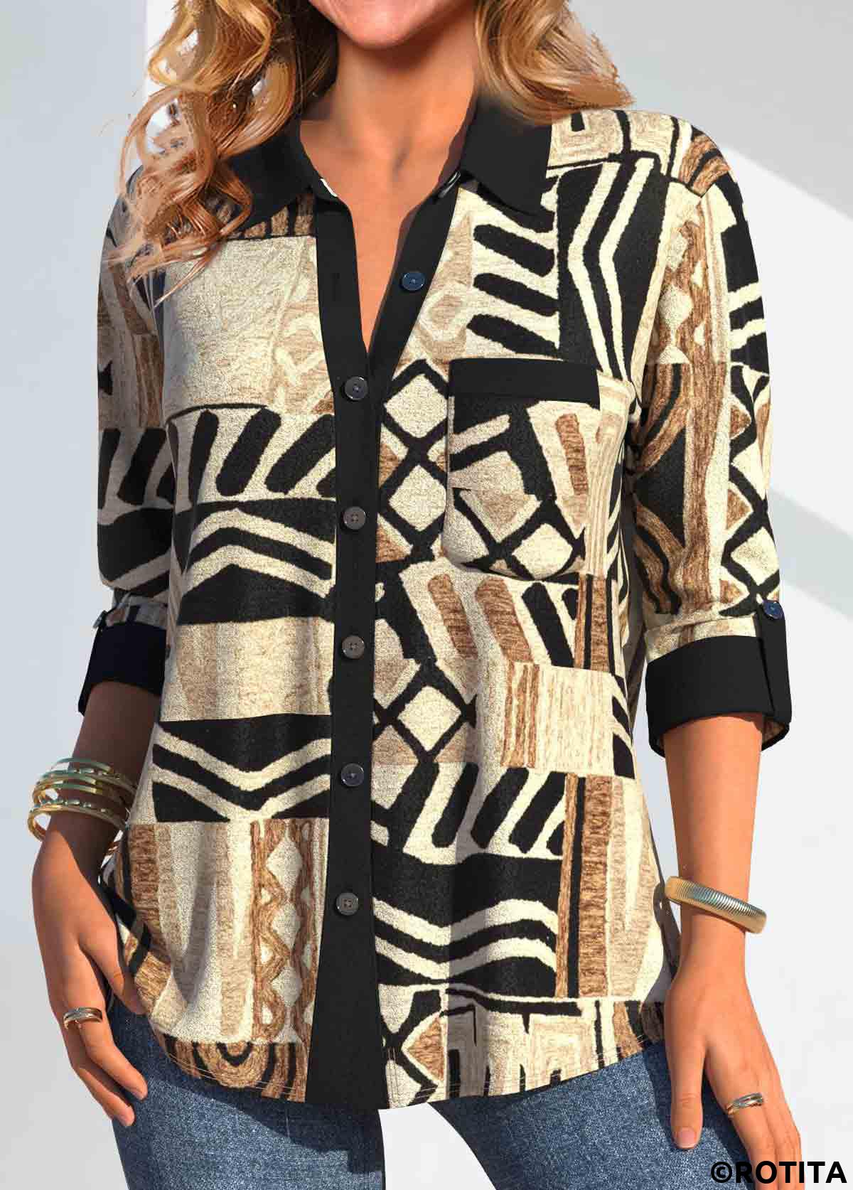 bouton rotita imprimé tribal africain chemisier à col chemise camel clair