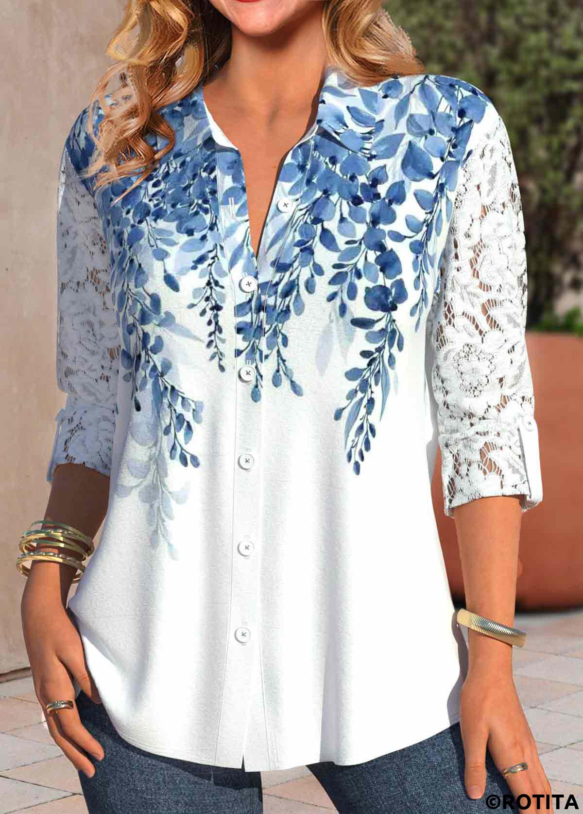 White tops,Blue tops,Plants tops,Ombre tops,ROTITA Lace Leaf Print White Shirt Collar Long Sleeve Blouse